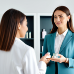 A professional female beauty consultant in a modest business blazer and blouse, standing confidently in a brightly lit, modern beauty salon. She is holding a skincare product, subtly demonstrating it while engaged in an empathetic and professional conversation with a client (client's back partially visible), creating an atmosphere of trust and expertise.
