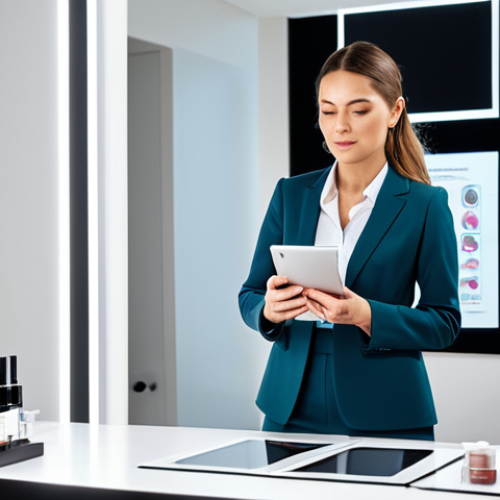 Home 22 A highly professional female beauty consultant, exuding intelligence and confidence, dressed in a modest, tailored business suit. She stands in a contemporary, well-lit consultation studio, examining a digital tablet that displays a detailed diagram of skin layers and active cosmetic ingredients. On a sleek, uncluttered counter, alongside her, are elegantly packaged, generic beauty products. The atmosphere is sophisticated and emphasizes a scientific, evidence-based approach to beauty. Perfect anatomy, correct proportions, natural pose, well-formed hands, proper finger count. Professional photography, high-quality, ultra-detailed, studio lighting. Safe for work, appropriate content, fully clothed, professional.