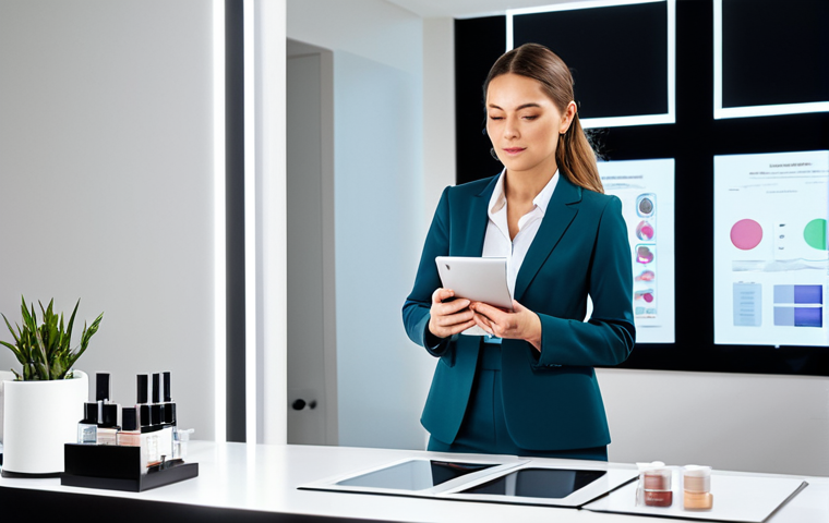 A highly professional female beauty consultant, exuding intelligence and confidence, dressed in a modest, tailored business suit. She stands in a contemporary, well-lit consultation studio, examining a digital tablet that displays a detailed diagram of skin layers and active cosmetic ingredients. On a sleek, uncluttered counter, alongside her, are elegantly packaged, generic beauty products. The atmosphere is sophisticated and emphasizes a scientific, evidence-based approach to beauty. Perfect anatomy, correct proportions, natural pose, well-formed hands, proper finger count. Professional photography, high-quality, ultra-detailed, studio lighting. Safe for work, appropriate content, fully clothed, professional.