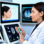 A highly skilled female dermatologist, dressed in a professional, modest lab coat over appropriate attire, gently uses an advanced AI-powered dermatoscopy device on a female client's cheek. The client observes a detailed 3D skin analysis projected onto a large, illuminated screen. The scene is set inside a pristine, modern dermatology clinic, featuring clean lines, soft ambient lighting, and high-tech equipment. Perfect anatomy, correct proportions, natural pose, well-formed hands, proper finger count. Fully clothed, modest clothing, appropriate attire, professional dress. Safe for work, appropriate content, professional, high-resolution photography, crisp detail, realistic lighting, highly detailed.