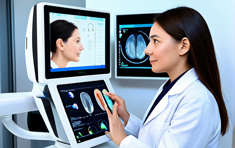 A highly skilled female dermatologist, dressed in a professional, modest lab coat over appropriate attire, gently uses an advanced AI-powered dermatoscopy device on a female client's cheek. The client observes a detailed 3D skin analysis projected onto a large, illuminated screen. The scene is set inside a pristine, modern dermatology clinic, featuring clean lines, soft ambient lighting, and high-tech equipment. Perfect anatomy, correct proportions, natural pose, well-formed hands, proper finger count. Fully clothed, modest clothing, appropriate attire, professional dress. Safe for work, appropriate content, professional, high-resolution photography, crisp detail, realistic lighting, highly detailed.