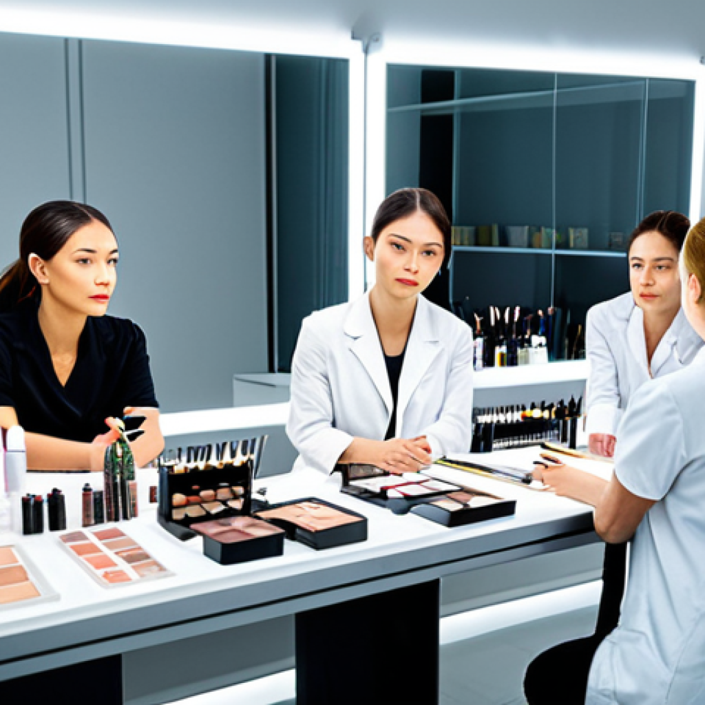 **

"A brightly lit beauty workshop, fully clothed participants attentively watching a demonstration of new skincare ingredients. Focus on professional makeup tools and product displays. Natural lighting, safe for work, appropriate content, fully clothed, professional setting, perfect anatomy, correct proportions, natural pose, high quality."

**