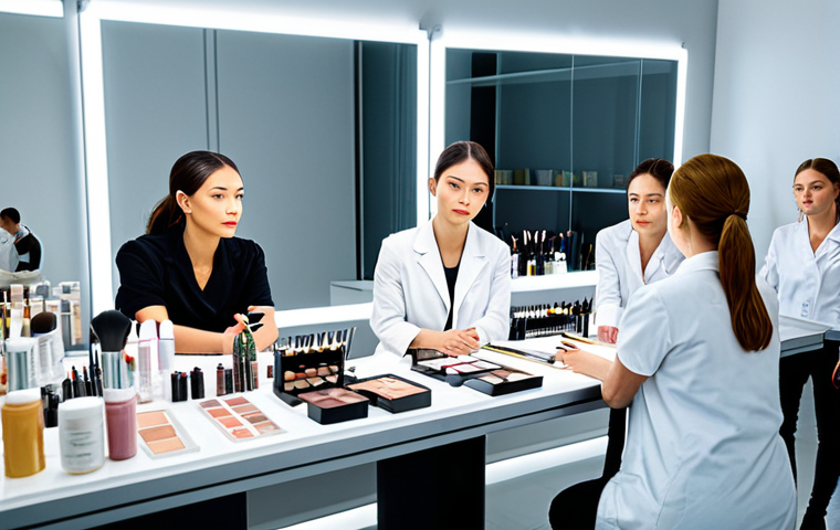 **

"A brightly lit beauty workshop, fully clothed participants attentively watching a demonstration of new skincare ingredients. Focus on professional makeup tools and product displays. Natural lighting, safe for work, appropriate content, fully clothed, professional setting, perfect anatomy, correct proportions, natural pose, high quality."

**