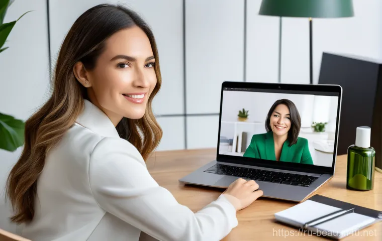 뷰티컨설턴트 실무 중심 강의 - A professional female beauty expert, in her thirties, holding a high-quality DSLR camera, meticulous...