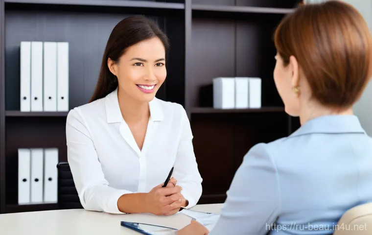 뷰티컨설턴트 고객 만족 사례 - **Prompt:** A female beauty consultant, in her late 30s, with a warm, empathetic expression, attenti...