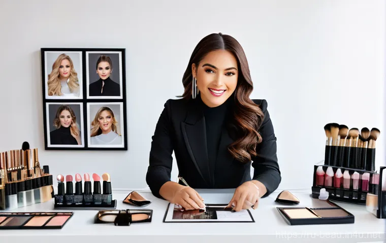 뷰티컨설턴트 연봉 협상 노하우 - A professional and elegant female beauty master, aged 30s, is seated at a sleek, minimalist desk in ...