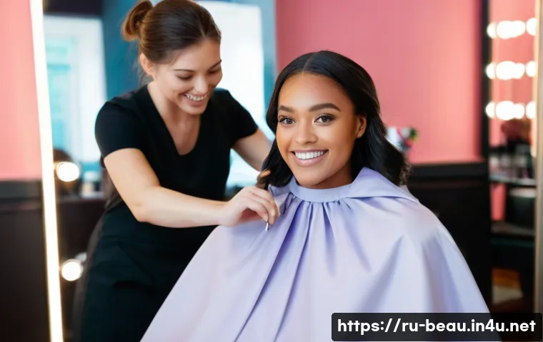 뷰티컨설턴트 소셜 미디어 활용 - **Prompt:** A young woman with a warm, inviting smile sits in a salon chair, draped in a protective ...