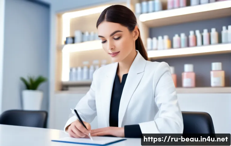 뷰티컨설턴트 자격증 갱신 방법 - **Prompt:** A focused female beauty consultant, in her late 20s to early 30s, professionally dressed...