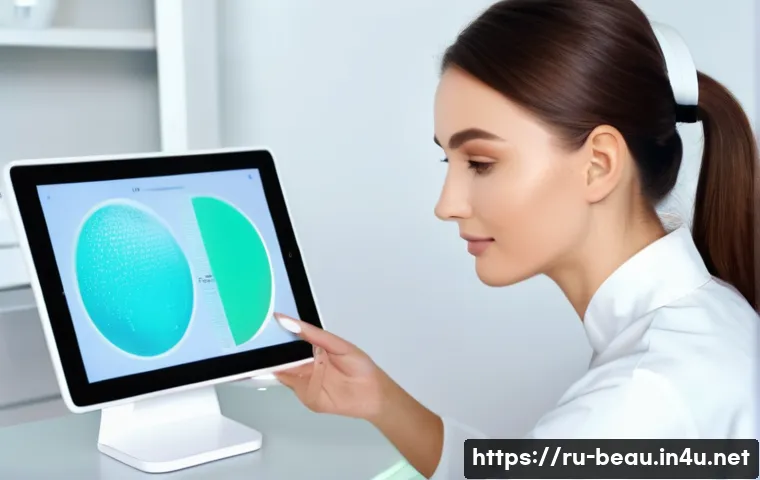뷰티컨설턴트 실무 기술 증진 사례 - A modern beauty consultant using a high-tech digital skin analyzer device on a female client in a br...