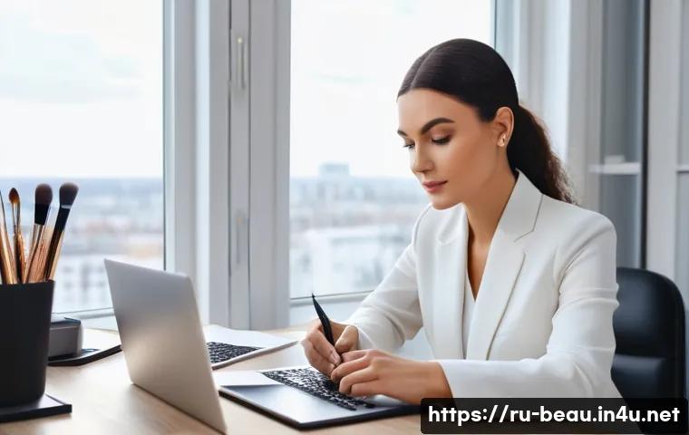 뷰티컨설턴트 자격증 신청 절차 - A professional beauty consultant preparing documents for certification in a modern Russian office se...