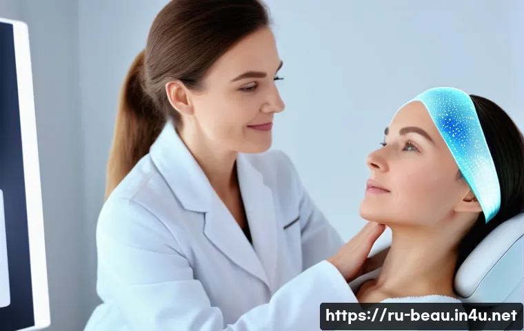 뷰티컨설턴트 최신 기술 동향 - A modern beauty consultant using a portable digital skin scanner device on a middle-aged Russian wom...