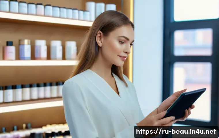 뷰티컨설턴트 관련 데이터 활용 - A modern beauty consultant in a stylish Moscow boutique using augmented reality technology on a tabl...