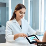 뷰티컨설턴트 고객 니즈 파악법 - A professional skincare consultation scene in a modern beauty salon in Moscow, featuring a female cl...