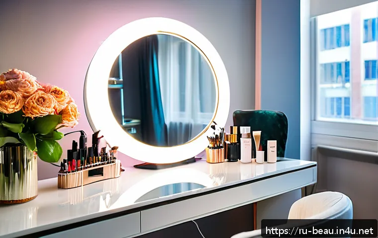 뷰티컨설턴트 프리랜서 도전기 - A modern beauty consultant workspace featuring a well-lit vanity table with professional cosmetic pr...