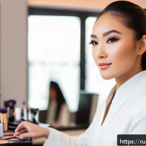 Home 32 뷰티컨설턴트 해외 취업 기회 - A professional international beauty consultant in a modern salon setting, dressed in stylish, modest...