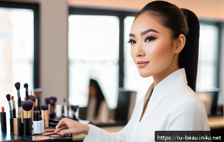 뷰티컨설턴트 해외 취업 기회 - A professional international beauty consultant in a modern salon setting, dressed in stylish, modest...