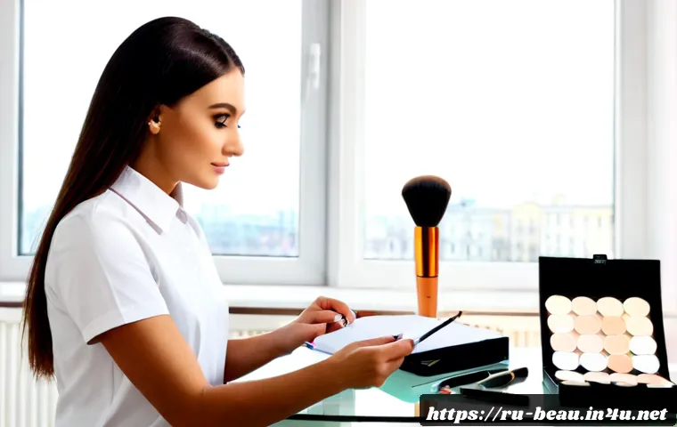 Home 17 뷰티컨설턴트 자기계발 방법 - Photorealistic beauty consultant in a bright modern Moscow apartment, practicing makeup techniques o...