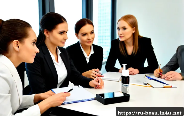Home 30 뷰티컨설턴트 사내 교육 참여기 - Photorealistic corporate beauty consultant training session in a modern Moscow office, diverse adult...