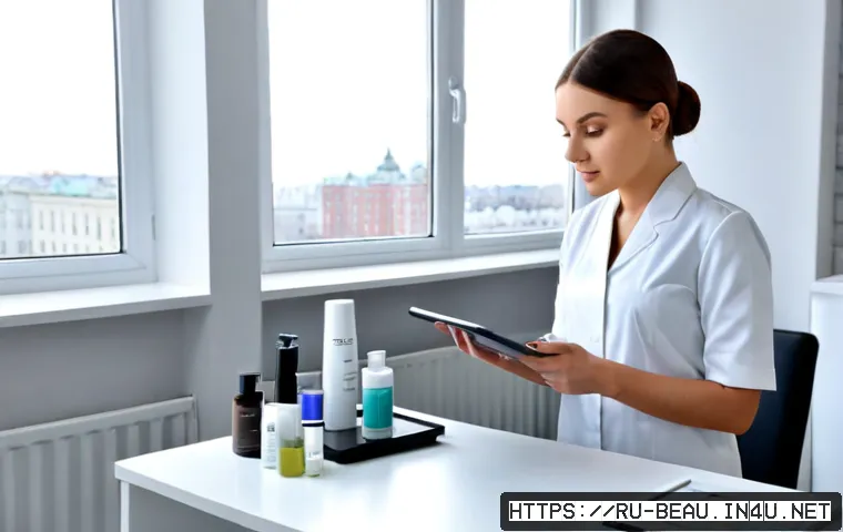 뷰티컨설턴트 최신 뷰티 기술 학습 - Photorealistic beauty consultant in a modern Moscow skincare training studio, studying advanced faci...